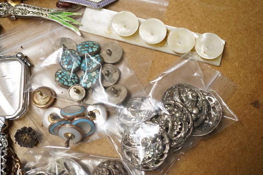 Set of six art nouveau silver buttons , Levi and Salaman and other buttons, links and enamel set